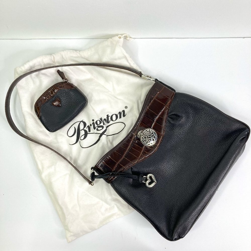 Vtg Brighton Black Croc Embossed Pebbled Leather Shoulder Bag Purse & Coin Pouch